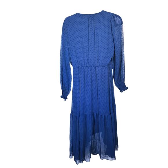 LC Lauren Conrad Long Wrap Flocked Maxi Dress S Polka Dot Blue Academia Twee - Picture 8 of 9